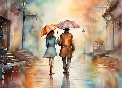 Watercolor rainy day background. Couple under a colourful umbrella walking in the rain. Wet town street. Amazing digital illustration. CG Artwork Background © Irina B