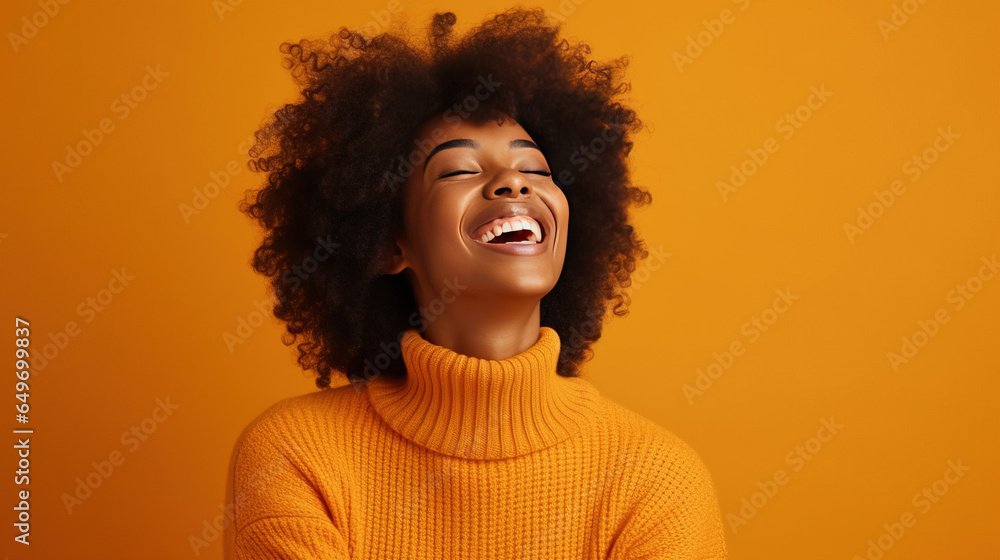 Radiant Dark-Skinned Young Woman Exudes Joy in Orange Sweater on Yellow Studio Background: Embracing Happiness Radiant Dark-Skinned Young Woman Exudes Joy in Orange Sweater on Yellow Studio Background: Embracing Happiness