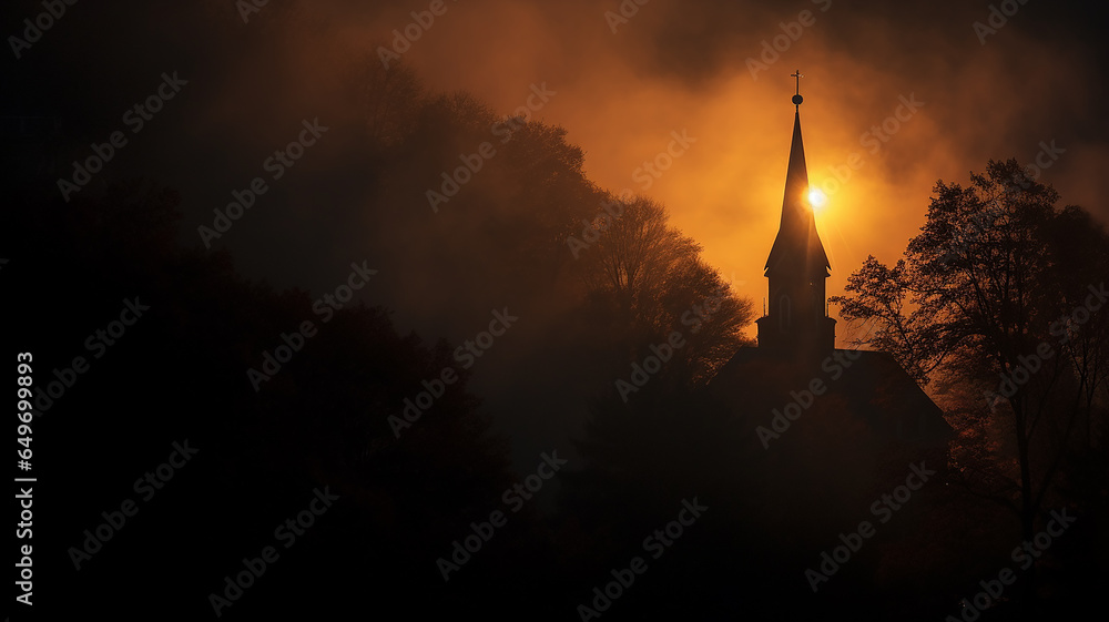 Obraz premium church in the night fog in the European mountains landscape panoramic view