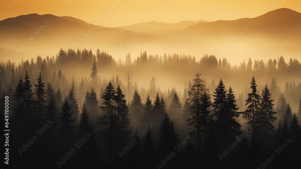 silhouettes of lonely pine trees in the autumn fog at sunset, freedom and silence of nature wild forest in sunset colors