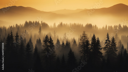 silhouettes of lonely pine trees in the autumn fog at sunset  freedom and silence of nature wild forest in sunset colors