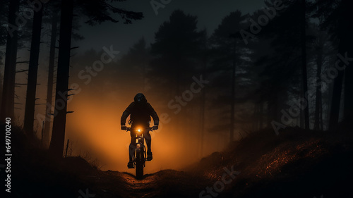 mountain bike in the night fog in the mountain forest extreme sports background in the rays of light