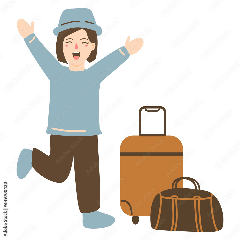 happy tourist with laggage and handbag happy tourist with laggage and handbag