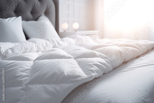 Comfortable bed with soft white mattress, blanket and pillows indoors photo