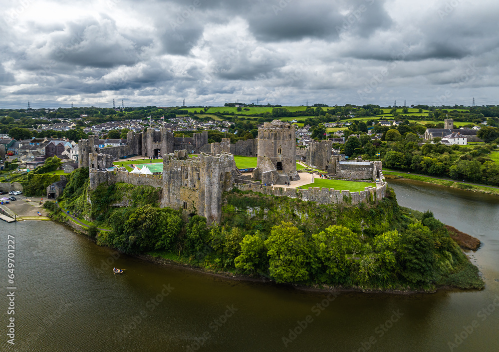 Pembroke Castle from a drone, Pembroke, Pembrokeshire, Wales, England