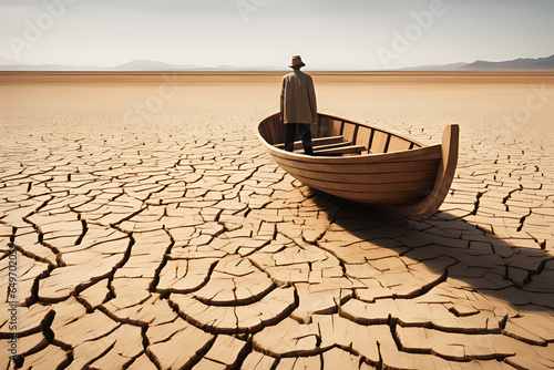 man in wooden boat on dry land, environment concept, generative ai