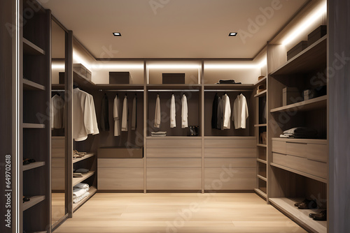 Modern  luxury brown built in  walk in closet wardrobe on parquet floor