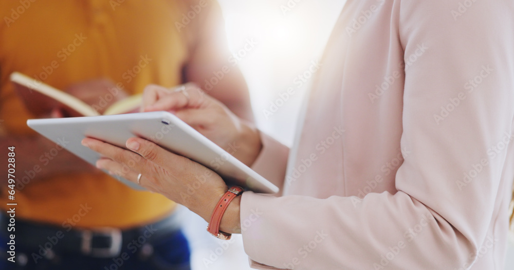 Closeup, staff and employees with a tablet, business or conversation in workplace for planning. Coworkers, man or woman with technology, book or brainstorming with teamwork, research or collaboration