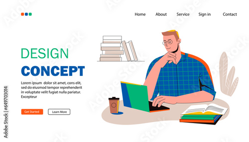 Landing page template. Young man studying with books and laptop. Student prepares for a test exam. Man working from home. Education concept. Businessman sitting at desk and using laptop. Flat vector.