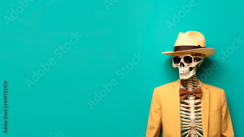 Portrait of a human skeleton in a hat and yellow blazer on a blue background