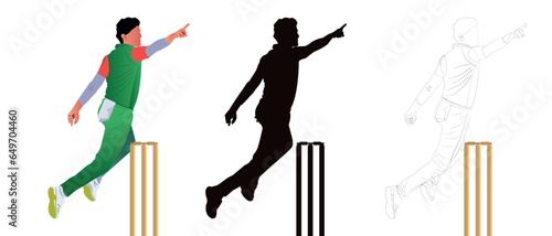 A cricket bowler celebrating after taking a wicket. Silhouette, Line Drawing.