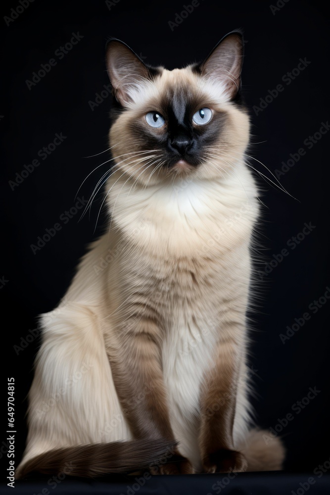 AI generated illustration of a white and gray Balinese cat with blue eyes against a black background