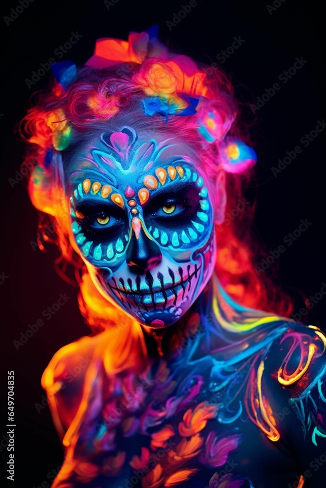 AI generated illustration of a young woman wearing human skull makeup in neon colors