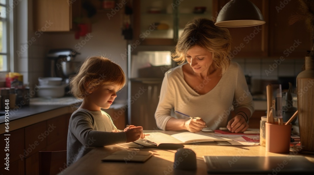 happiness mom teach her daughter child homework at dning table in kitchen at home family concept lifestyle happiness mom teach her daughter child homework at dning table in kitchen at home family concept lifestyle
