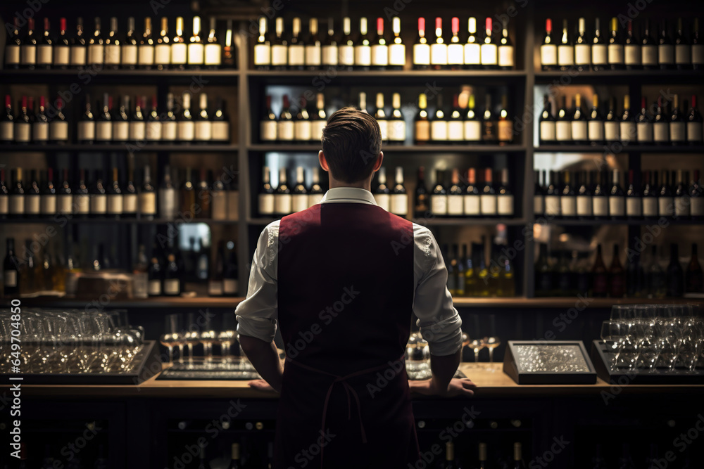Sommelier Bartender man at wine shop full of bottles with alcohol drinks, back view - obrazy, fototapety, plakaty 