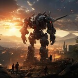 Generated illustration of a large robot in a mountainous landscape in front of a group of people