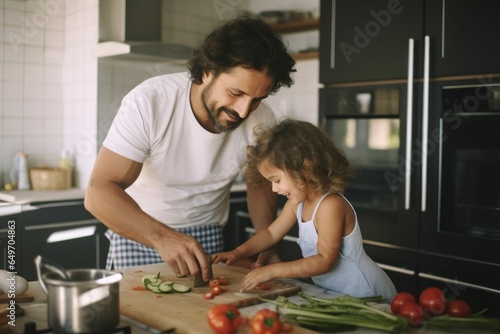dad and child enjoy love relation cudding hobby moment in kitchen sunday morning at hime dad and daughter helping prepare breakfast for her mom in kitchen at home
