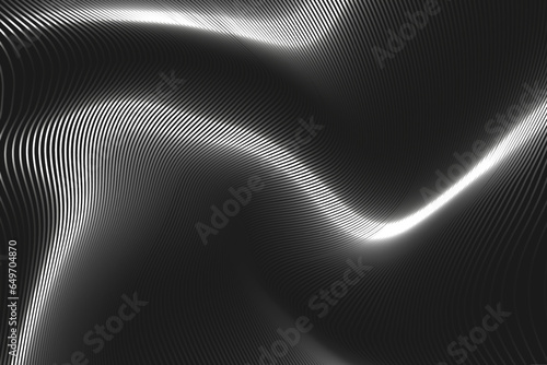 3D halftone neon swirl wave lines pattern flowing dynamic gold gradient light on black background. Luxury  concept of technology, digital, communication, science, music 90s style. Vector illustration.