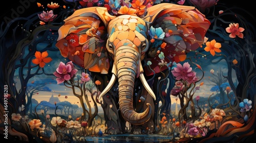 Indian elephant in floral pattern. Abstract art print.