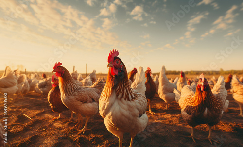 chickens on traditional free range poultry farm in sunset light.