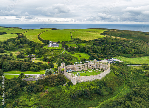 Manorbier Castle from a drone, Manorbier, Tenby, Wales, England