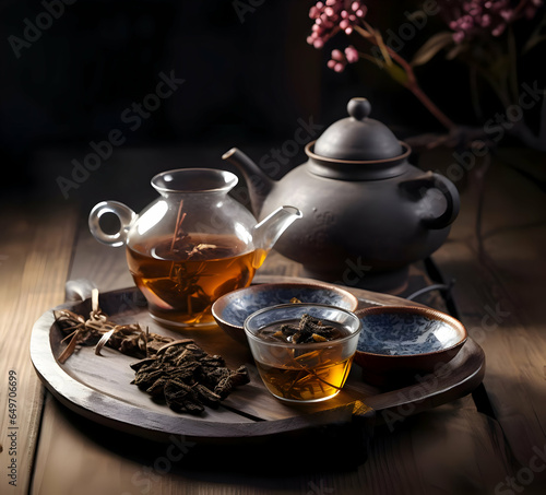 Tea on a wooden table. View from the top. High resolution