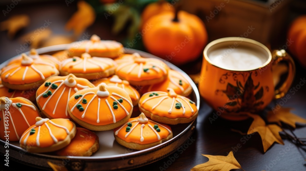Glazed gingerbread orange homemade Halloween gingerbread cookies in the shape of pumpkins on the table with a cup of cocoa. Cozy homemade autumn atmosphere. Glazed gingerbread orange homemade Halloween gingerbread cookies in the shape of pumpkins on the table with a cup of cocoa. Cozy homemade autumn atmosphere.