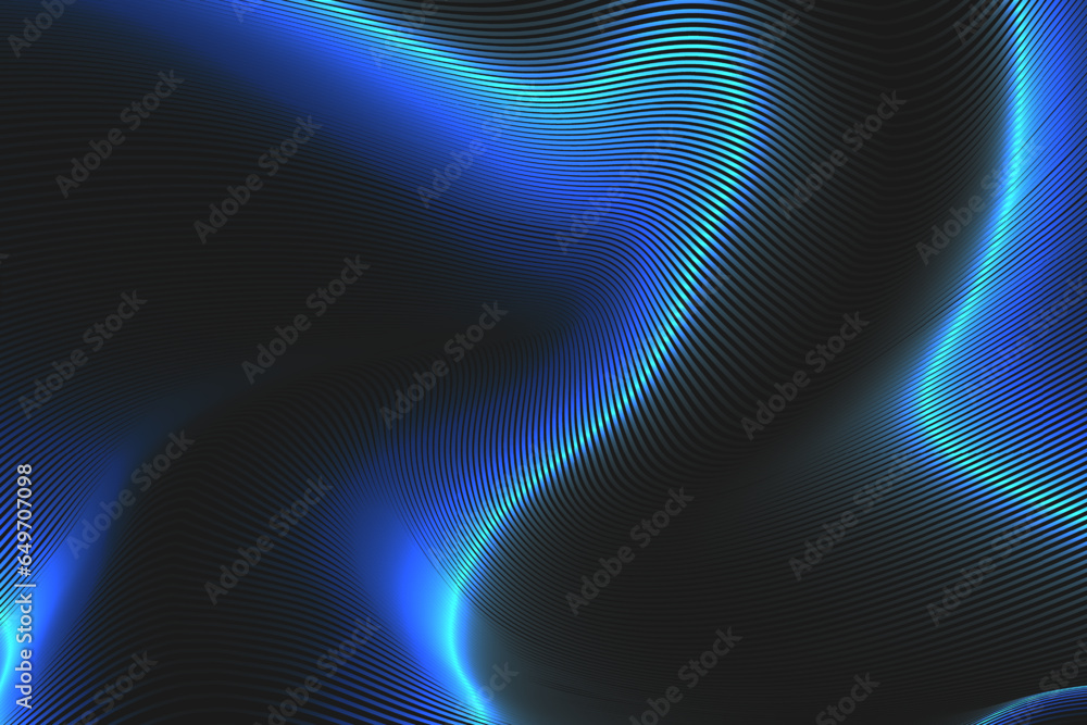 3D Blue neon swirl wave lines pattern flowing dynamic gold gradient light on black background. Luxury  concept of technology, digital, communication, science, music 90s style. Vector illustration.