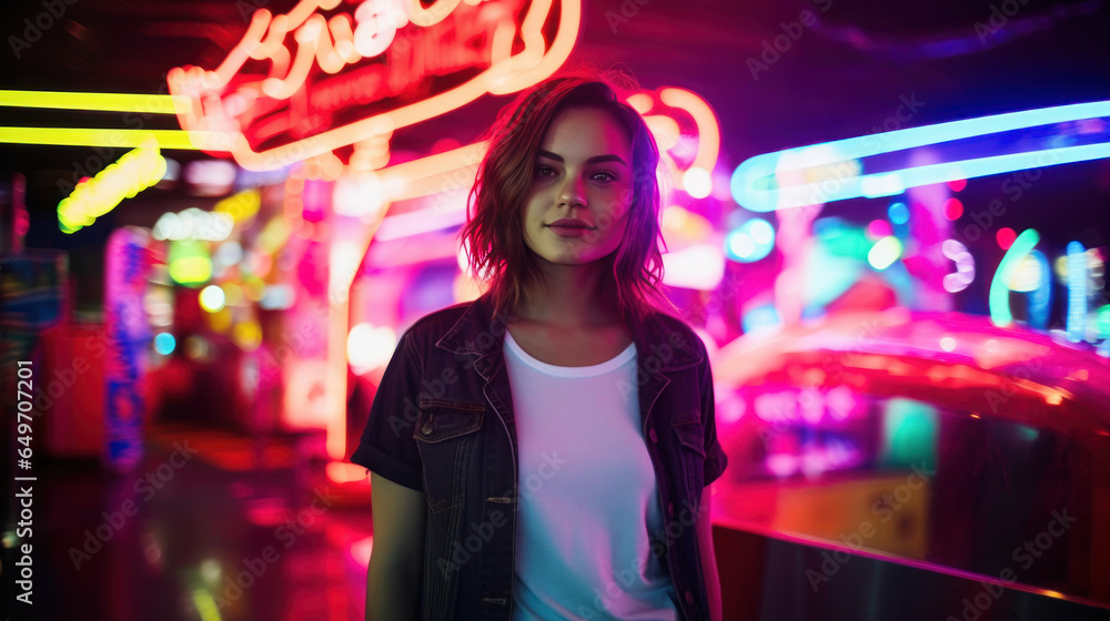 Woman portrait in front of neon signs, vibrant colors