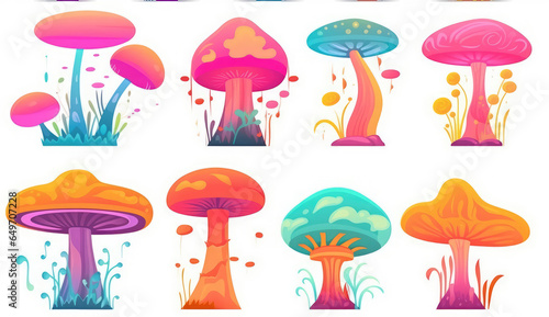 Glowing neon magic fantasy mushrooms collection, isolated on white background. Fantastic alien plants with dripping slime, teeth, and eyes. Design for game asset