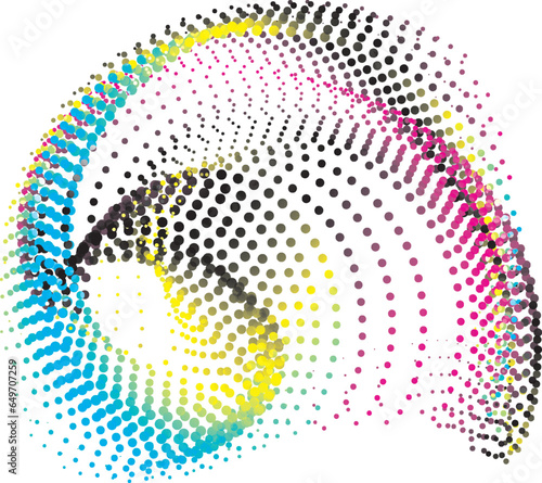 a cmyk circular dot pattern with blue and pink colors, dot black gradient symbol logotype circular shape spiral halftone circle round abstract circle 