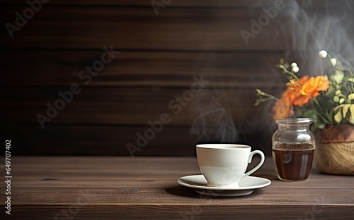Morning bliss. Aroma of fresh espresso on wooden table. Cup of aromatic coffee. Rustic awakening