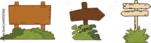 wooden tablets, hanging textured, signboards with pointer, fence with nails wooden sign boards set vector illustration. Cartoon billboard post from wood timber planks hanging on wall, blank pointers 
