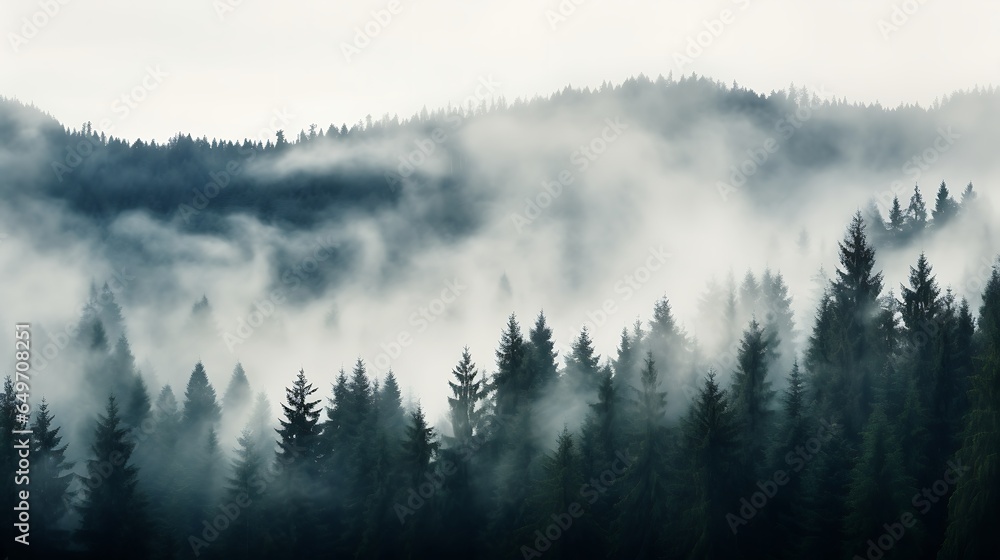 Pine forest in the valley on a foggy morning Fresh green atmosphere. Adventure outdoor nature mist fog clouds forest trees landscape background wild explore