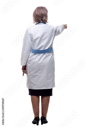 woman doctor standing in front of a white wall . isolated on a white