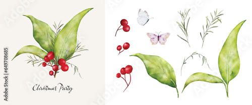 Christmas watercolor set of bouquet arrangings with berries and leaves