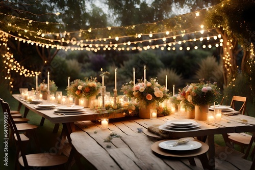 Create a 3D-rendered image of a gender-neutral outdoor birthday party set in a lush garden with a bohemian touch. Feature a long, rustic wooden table adorned with wildflower centerpieces, woven table 