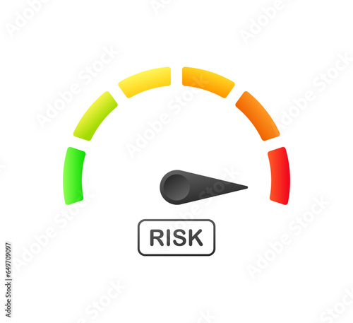 Risk speedometer. Flat, color, speedometer with arrow, risk icon, risk speedometer. Vector icon
