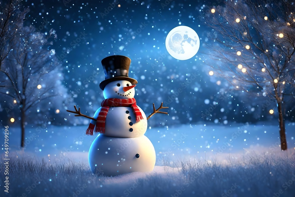Generate a 3D-rendered Christmas background with a cheerful snowman in a top hat and scarf, standing in a snowy field adorned with twinkling holiday lights. Include a starry winter night sky and a glo