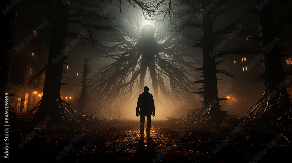 Horror a lonely silhouette in a gloomy foggy forest, maniac thriller the darkness of the night Horror a lonely silhouette in a gloomy foggy forest, maniac thriller the darkness of the night