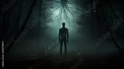 Horror a lonely silhouette in a gloomy foggy forest, maniac thriller the darkness of the night