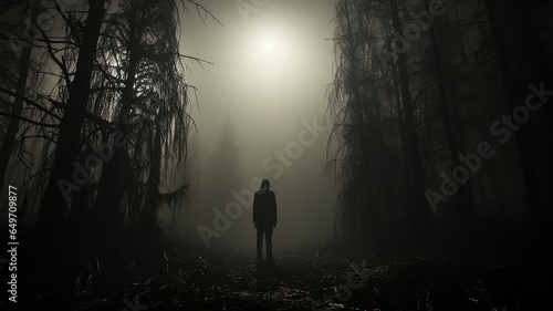 Horror a lonely silhouette in a gloomy foggy forest, maniac thriller the darkness of the night © kichigin19