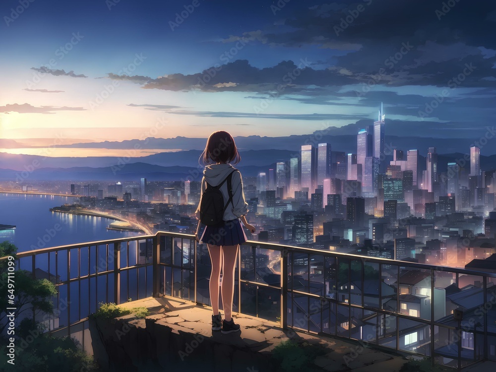 高台から街の夜景を眺めている少女　Generative AI - obrazy, fototapety, plakaty 