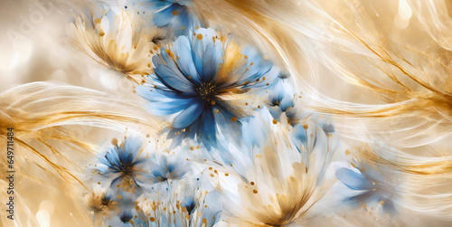 abstract floral artistic image background in gold and blue colors and art and flowers concept 