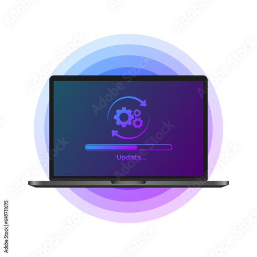 Laptop update. Flat, purple, laptop screen, update gear, laptop update process. Vector illustration