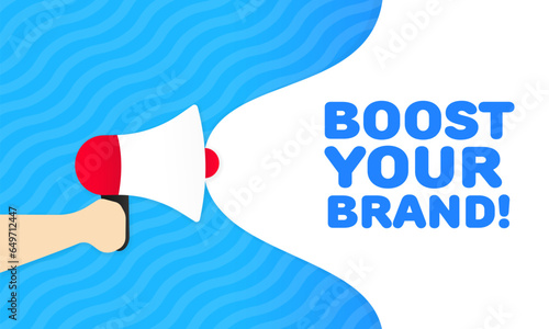 Boost your brand icon. Flat, blue, megaphone and text, boost you brand sign. Vector icon