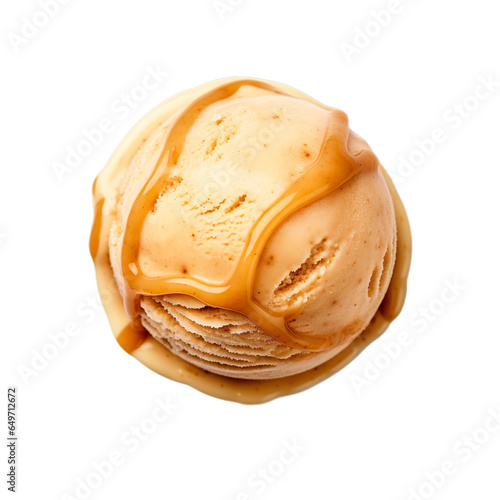 Front view of butterscotch ice cream isolated on a white transparent background 