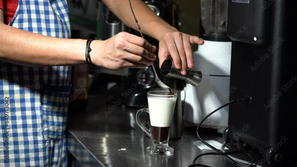 Closeup of Making Cafe Mocha in Slow motion in Coffee shop, Coffee machine Closeup of Making Cafe Mocha in Slow motion in Coffee shop, Coffee machine