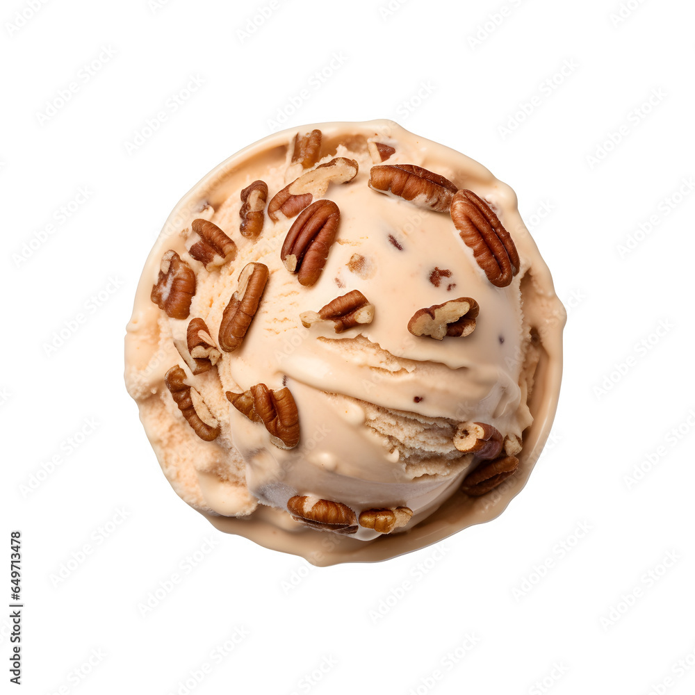 Fototapeta premium Front view of Praline Pecan ice cream isolated on a white transparent background 