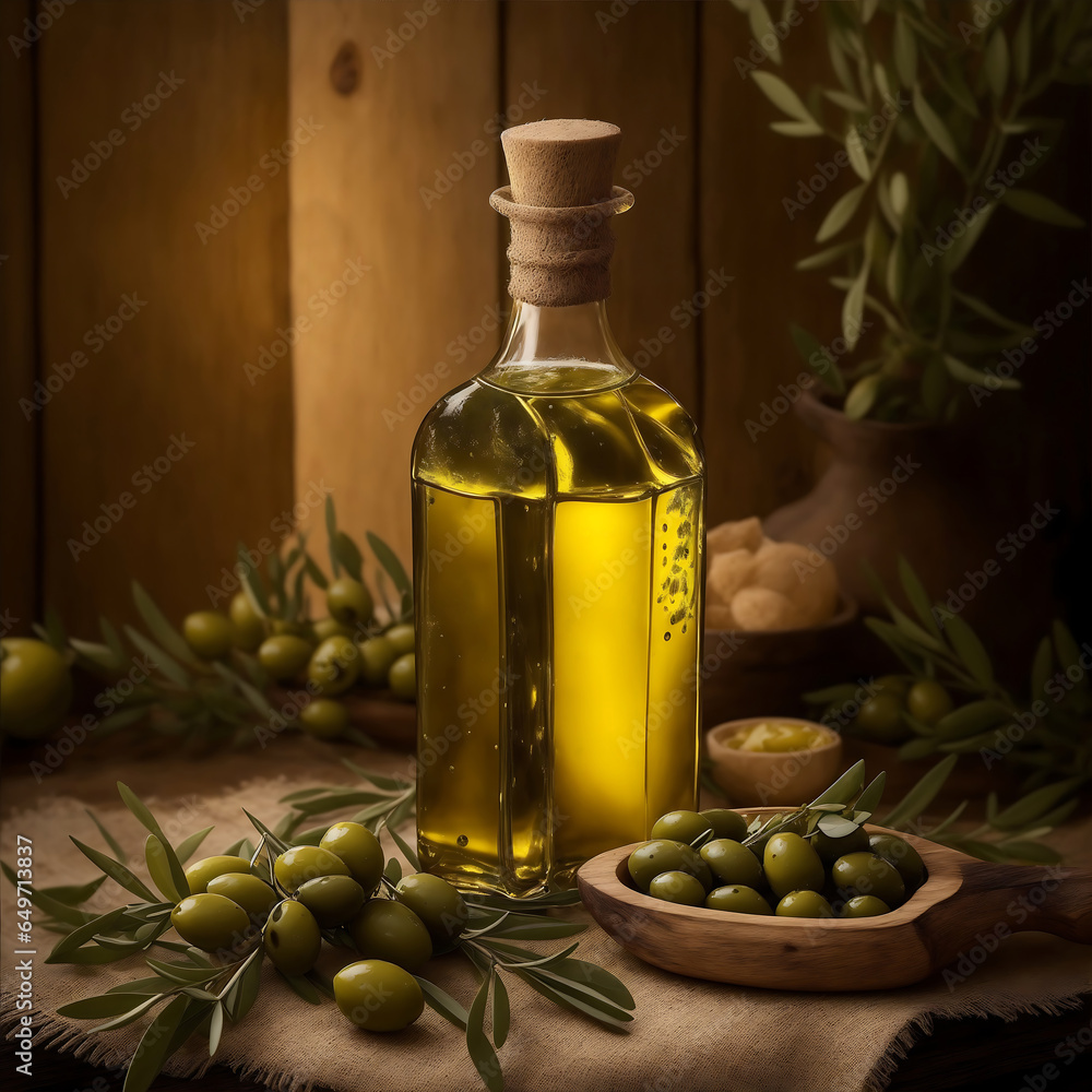 Photo olives and olive oil in bottle close-up with olive branch Photo olives and olive oil in bottle close-up with olive branch